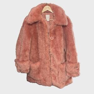 H&M Pink Faux Fur Teddy Coat Womens Medium Blush Cozy Winter Soft Girl